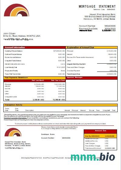 Hawaje First Hawaiian Bank wyciąg z kredytu hipotecznego szablon Word i PDF